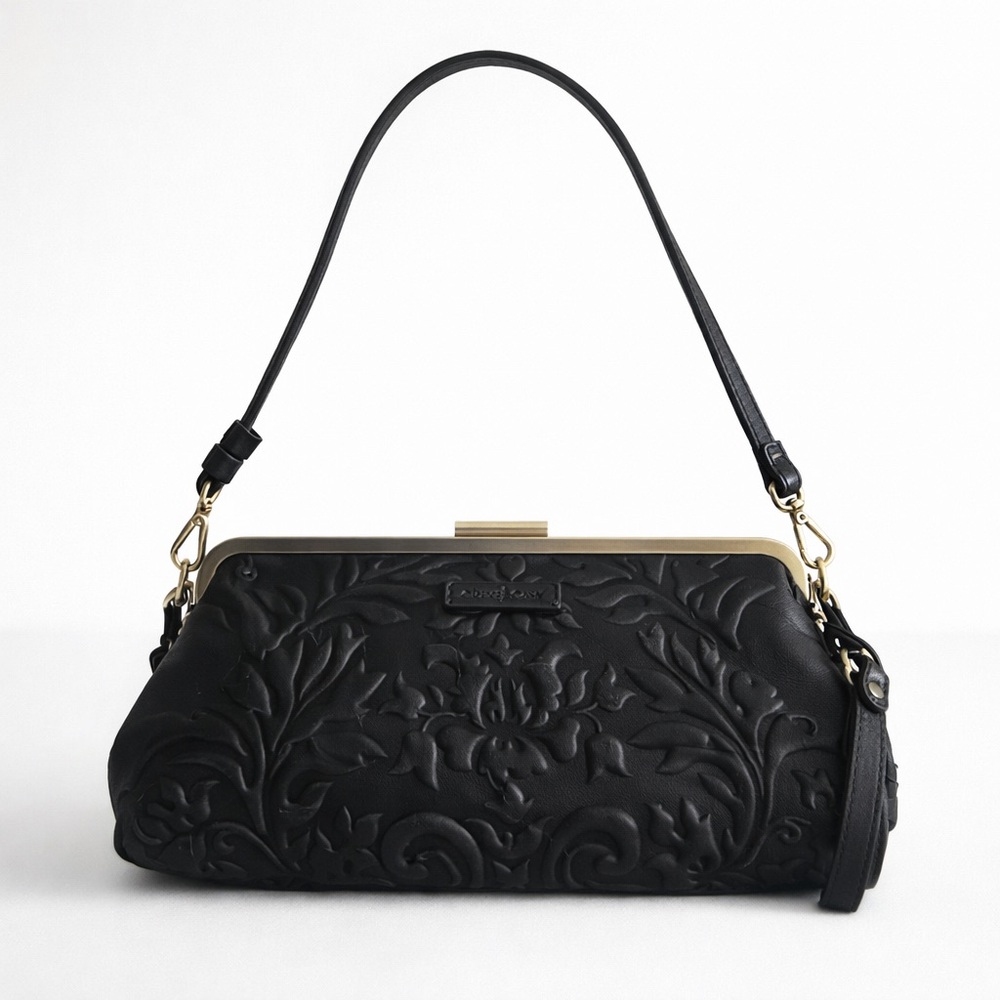 Gianni Conti Leather Embossed Framed Black Handbag Satchel Crossbody